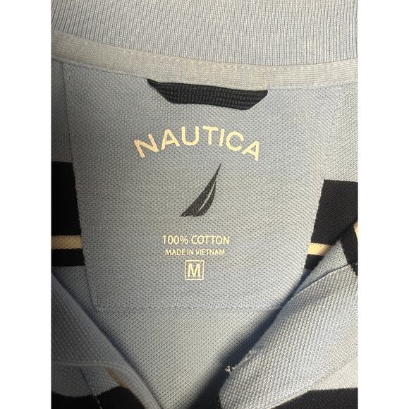 VINTAGE Nautica Polo Shirt Mens M Blue Striped Casual Short Sleeve Cotton Hybrid - Picture 2 of 5